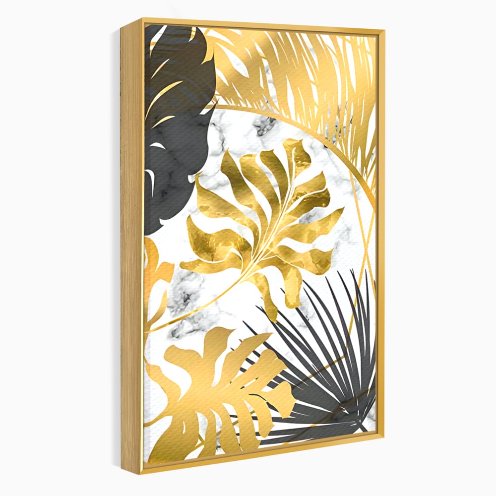 Tablou canvas cu tablou canvas cu frunze tropicale, in rama de aluminiu auriu